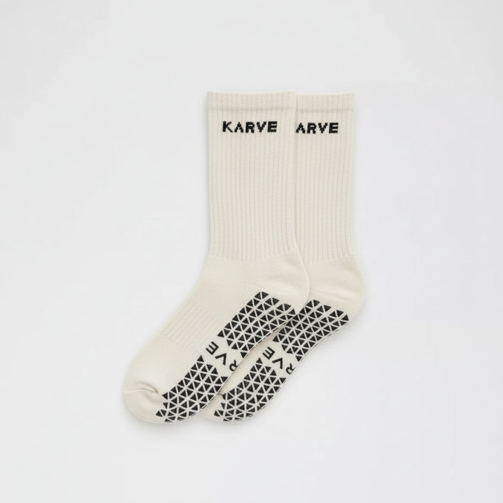 KARVE long Pilates grip socks in classic white, calf length